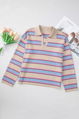 Striped Color Block Johnny Collar Sweater - Trendsi - Flyclothing LLC