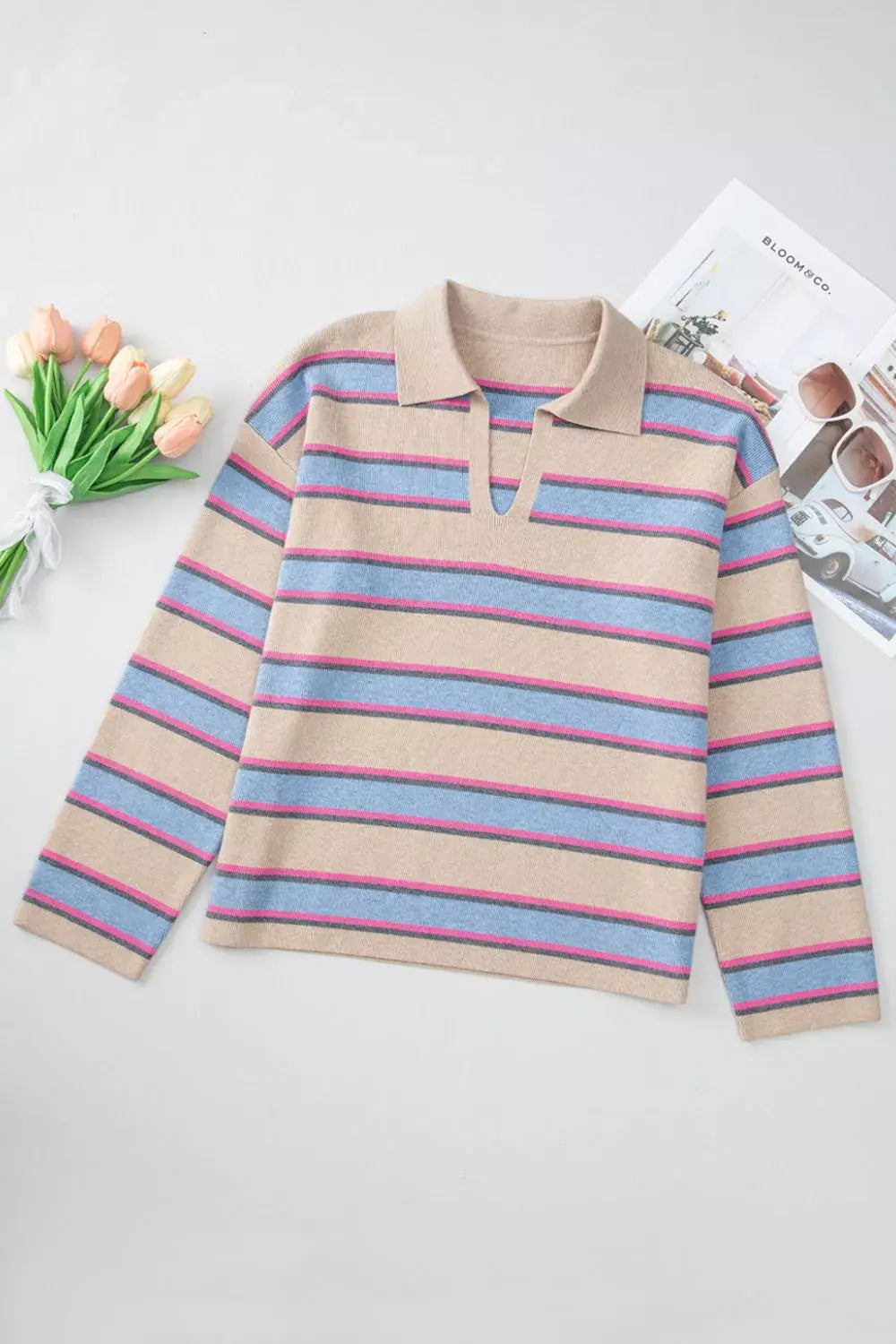 Striped Color Block Johnny Collar Sweater - Trendsi - Flyclothing LLC