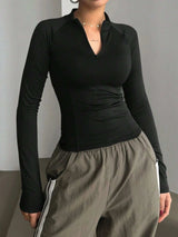 Long Sleeve Zip Front Fitted T-Shirt - Trendsi - Flyclothing LLC