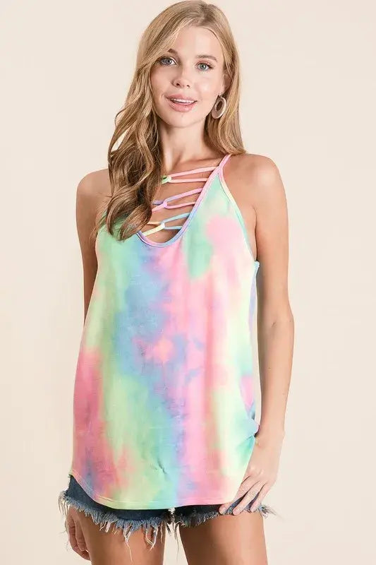 BiBi Tie Dye Terry Caged Neck Knit Camisole - Trendsi - Flyclothing LLC