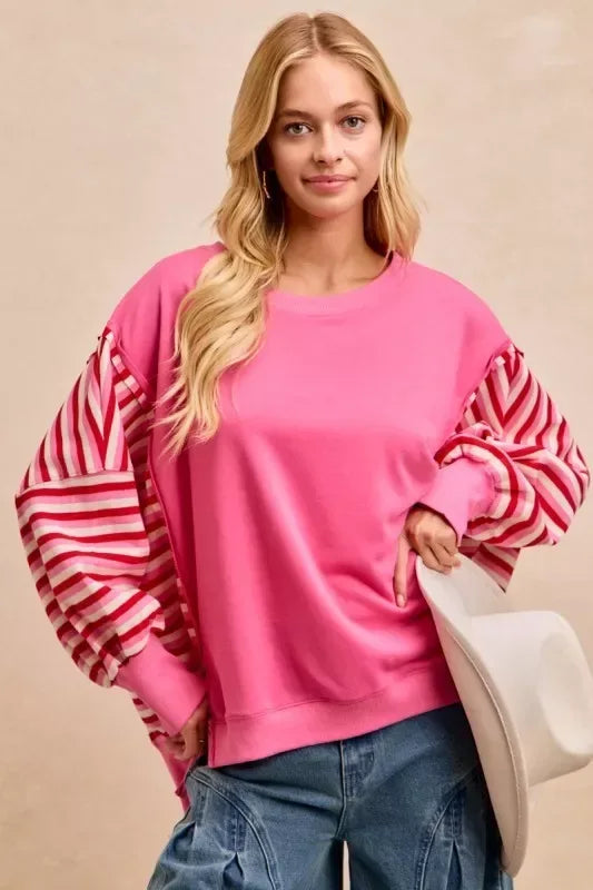 BiBi French Terry Stripe Combo Sweatshirt with Open Seam - Trendsi - Flyclothing LLC