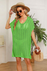 Double Take Openwork Short Sleeve Slit Knit Cover Up - Trendsi - Flyclothing LLC