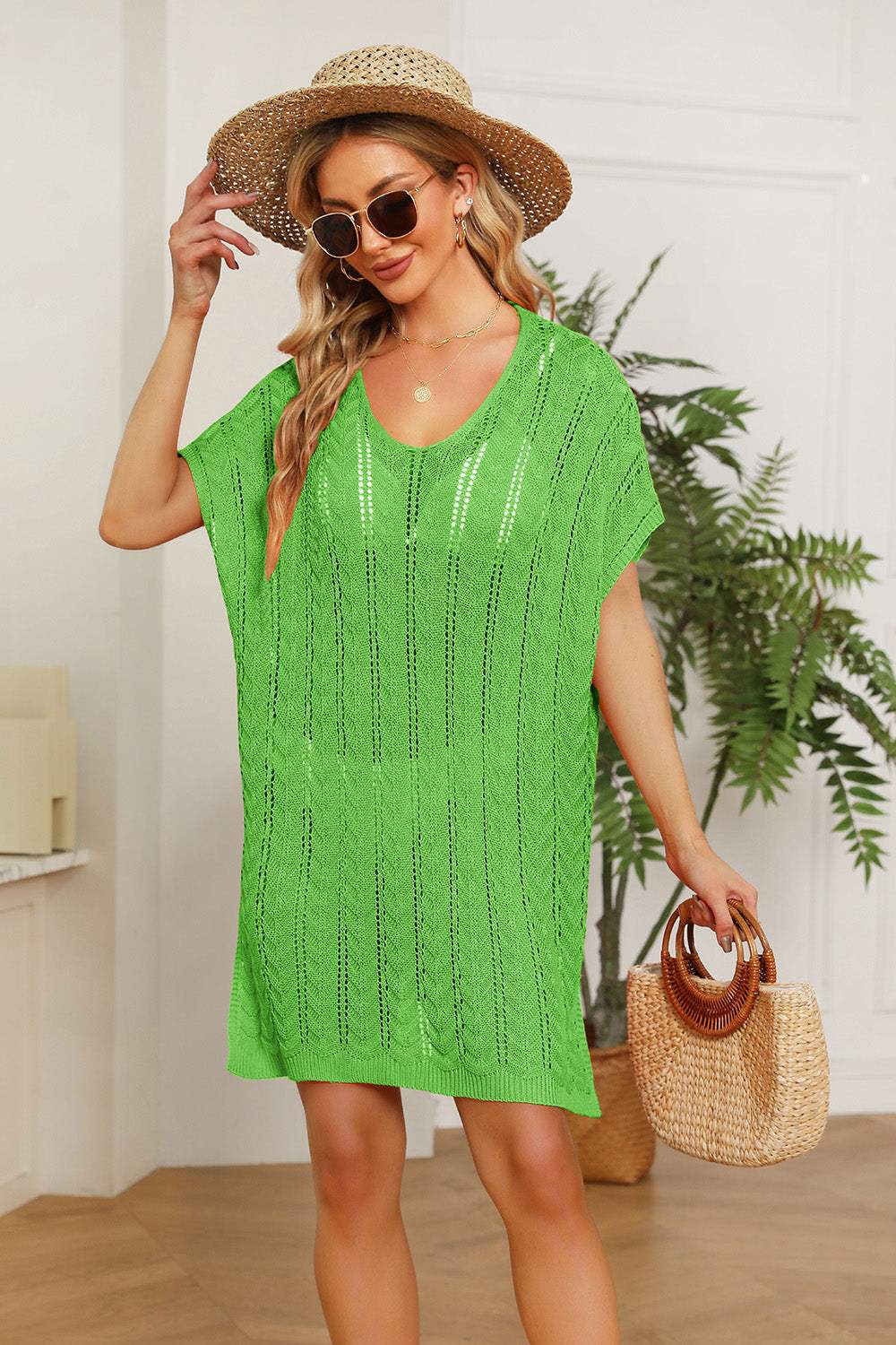 Double Take Openwork Short Sleeve Slit Knit Cover Up - Trendsi - Flyclothing LLC