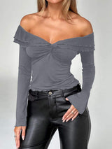 Devine Twisted Ruffled Off-Shoulder Long Sleeve T-Shirt - Trendsi - Flyclothing LLC