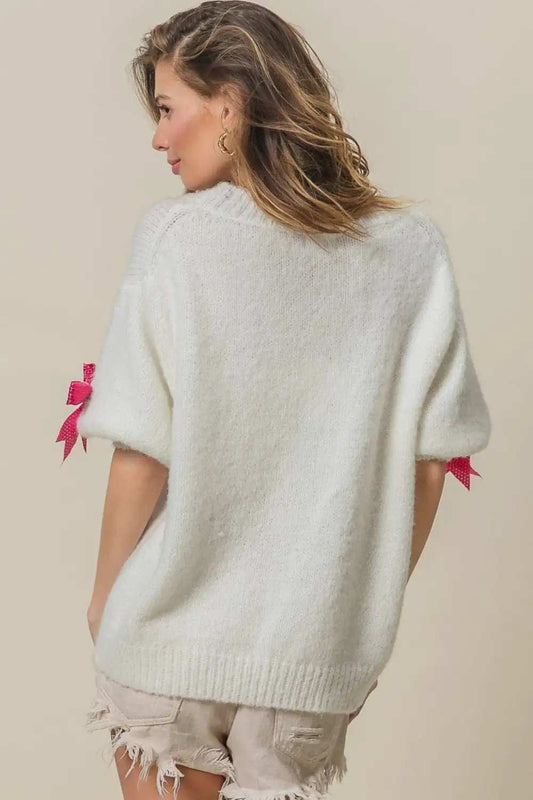 BiBi Sequin Bow Puff Sleeve Sweater - Trendsi - Flyclothing LLC