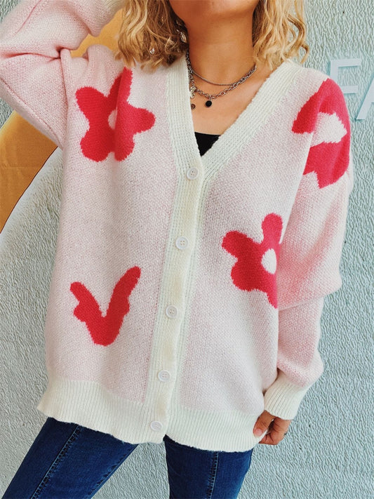 Flower Button Down V-Neck Long Sleeve Cardigan - Trendsi