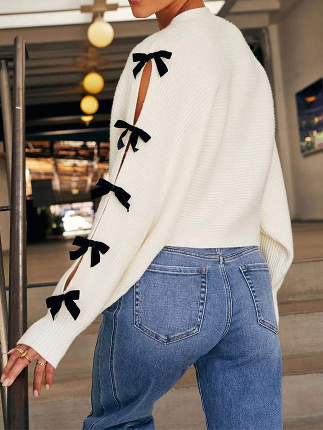 Bow V-Neck Cutout Sleeve Cardigan - Trendsi - Flyclothing LLC