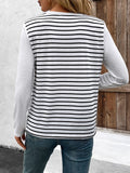 Decorative Button Striped Round Neck Long Sleeve T-Shirt - Trendsi
