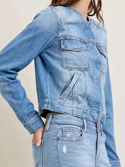 Snap Down Dropped Cargo Denim Jacket - Trendsi - Flyclothing LLC