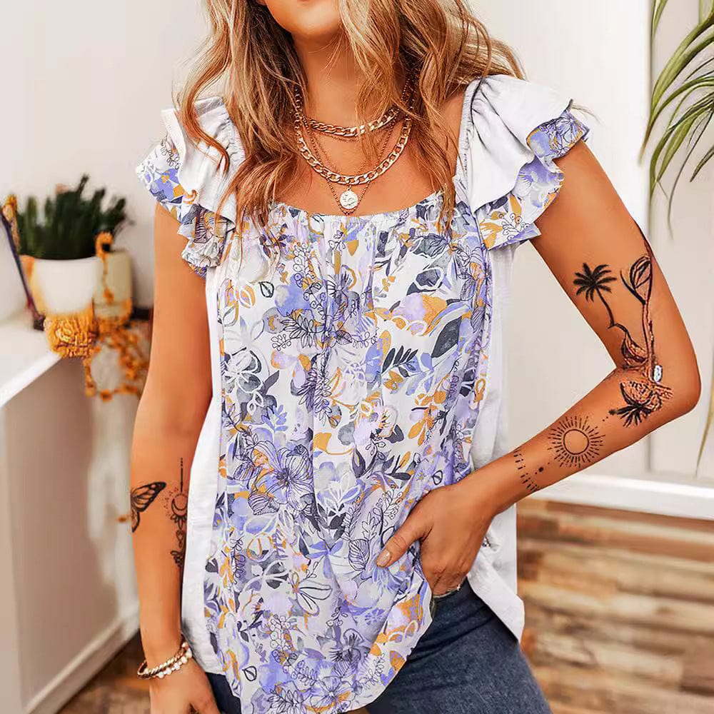 Ruffled Floral Square Neck Cap Sleeve Blouse - Trendsi