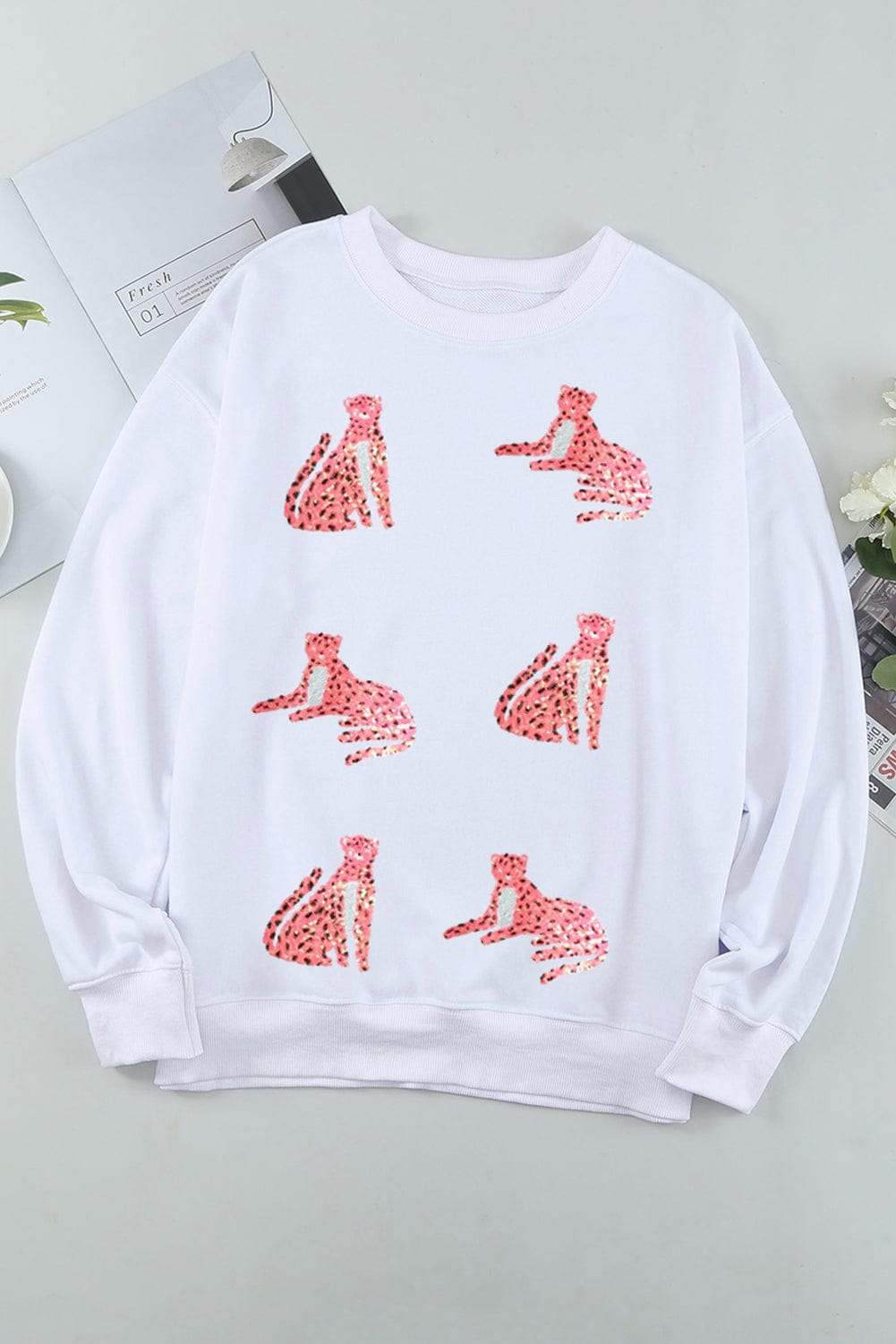 Leopard Round Neck Long Sleeve Sweatshirt - Trendsi - Flyclothing LLC