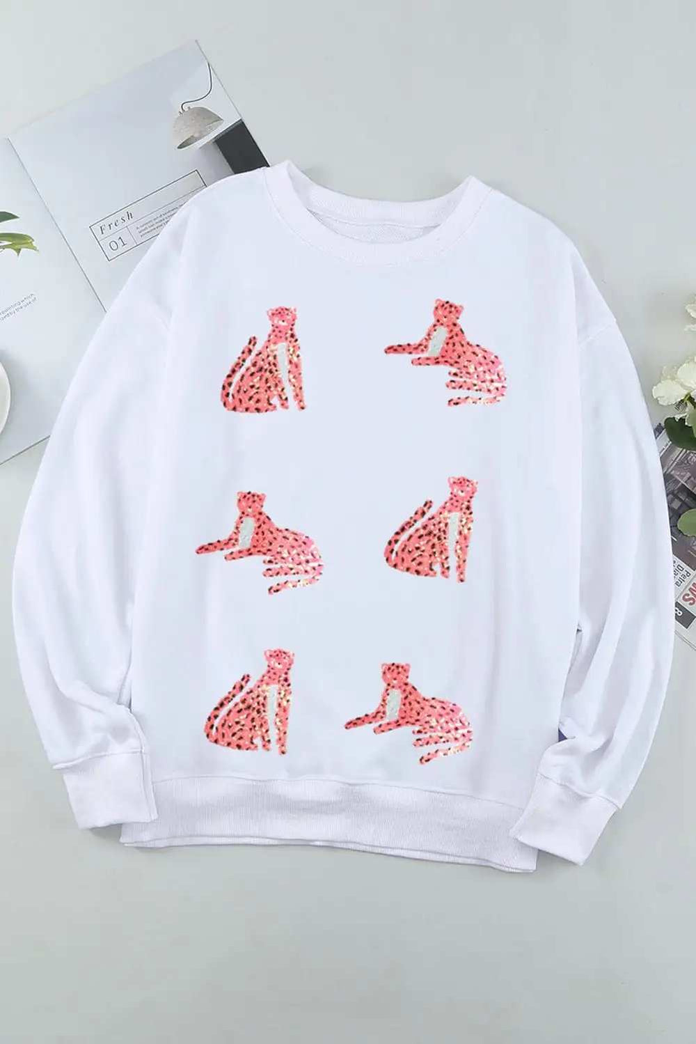 Leopard Round Neck Long Sleeve Sweatshirt - Trendsi - Flyclothing LLC