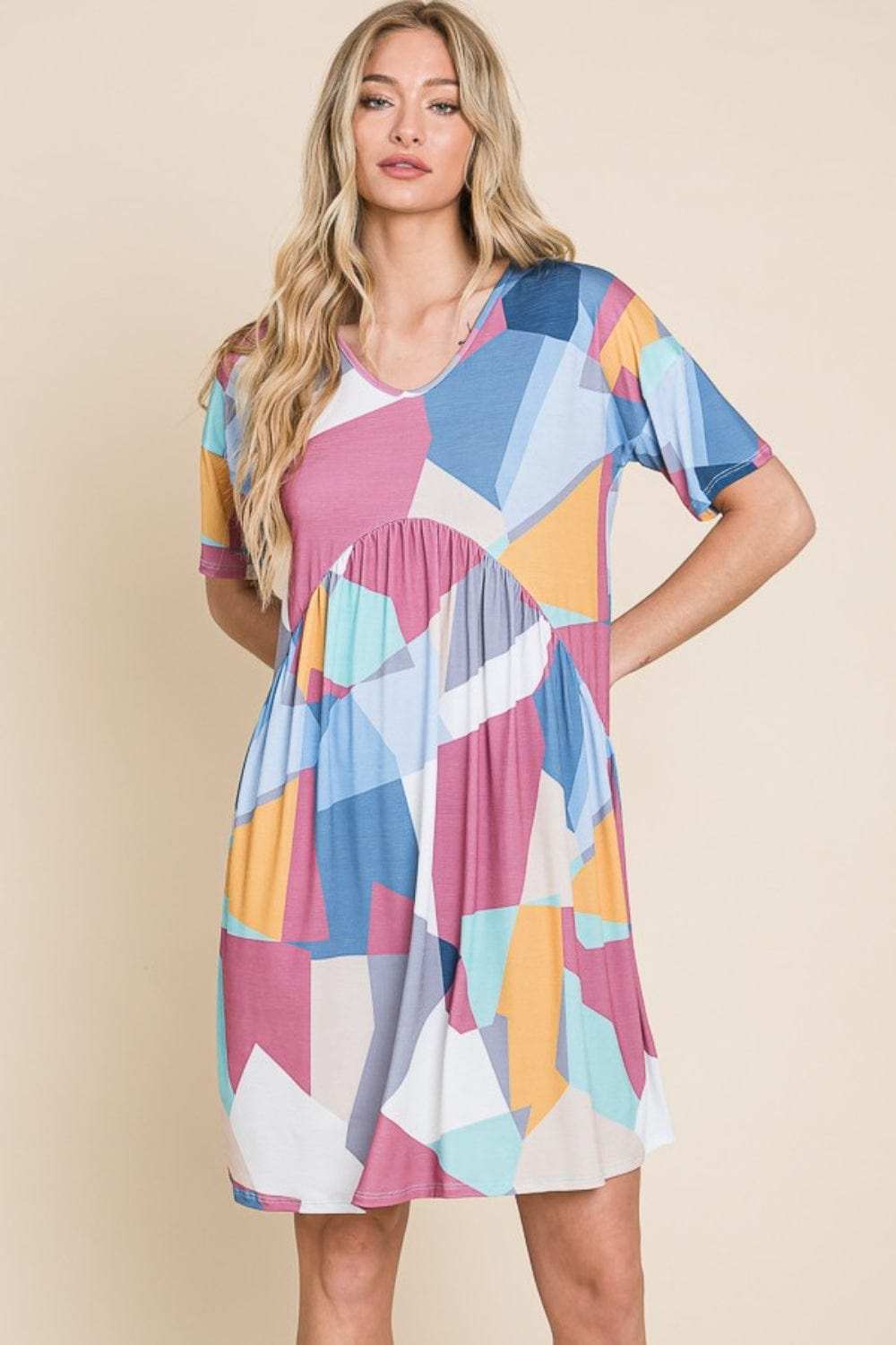BOMBOM Ruched Color Block Short Sleeve Dress - Trendsi - Flyclothing LLC