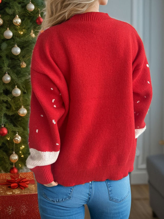 Reindeer Mock Neck Long Sleeve Sweater - Trendsi
