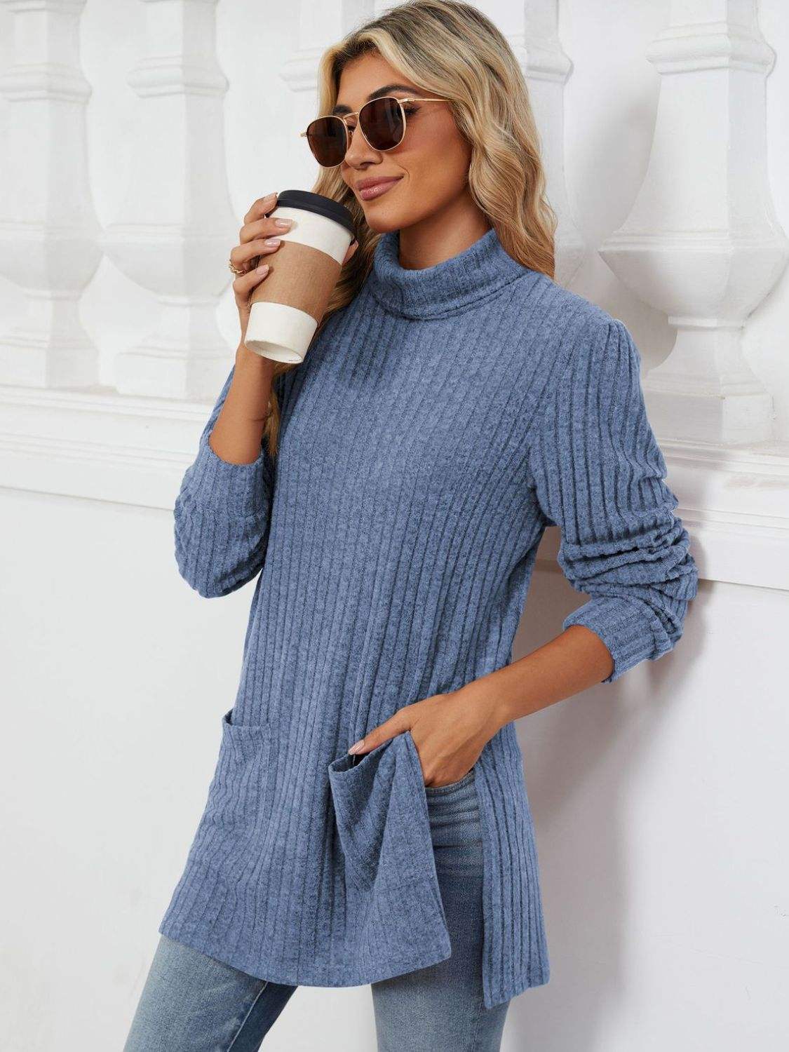 Slit Mock Neck Long Sleeve T-Shirt - Trendsi - Flyclothing LLC