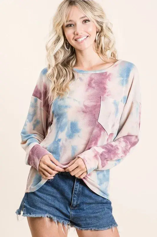 BiBi Tie Dye Print Terry Top With Front Patch Pocket - Trendsi - Flyclothing LLC