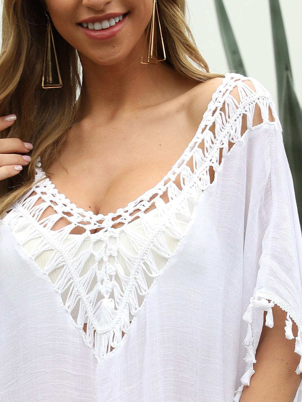 Tassel Cutout Half Sleeve Cover-Up - Trendsi - Flyclothing LLC