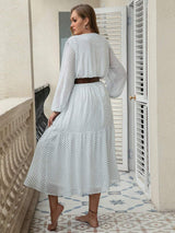 Plus Size Printed Tie Neck Long Sleeve Midi Dress - Trendsi - Flyclothing LLC