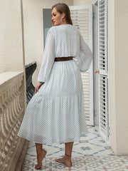 Plus Size Printed Tie Neck Long Sleeve Midi Dress - Trendsi
