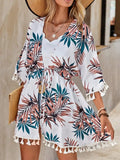 Tassel Tied Printed Half Sleeve Cover Up - Trendsi