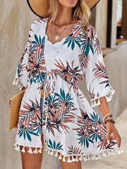 Tassel Tied Printed Half Sleeve Cover Up - Trendsi
