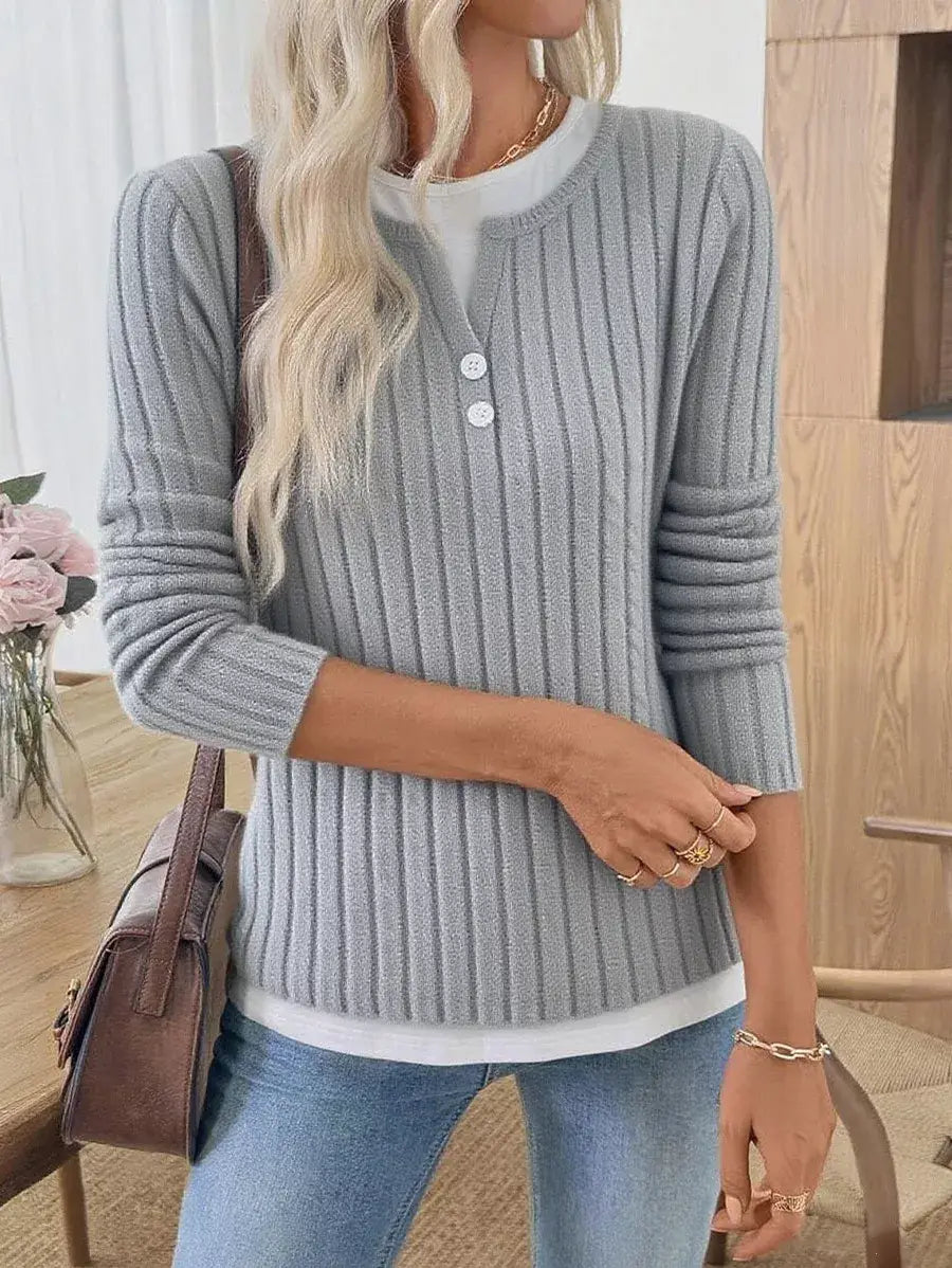 Ribbed Knit Long Sleeve Fake Two-Piece T-Shirt - Trendsi - Flyclothing LLC