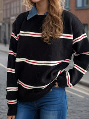 Contrast Stripes Round Neck Long Sleeve Sweater - Trendsi