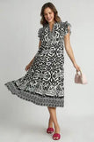 Umgee Full Size Two Tone Border Print Ruffle Cap Sleeve Midi Dress Plus Size - Trendsi