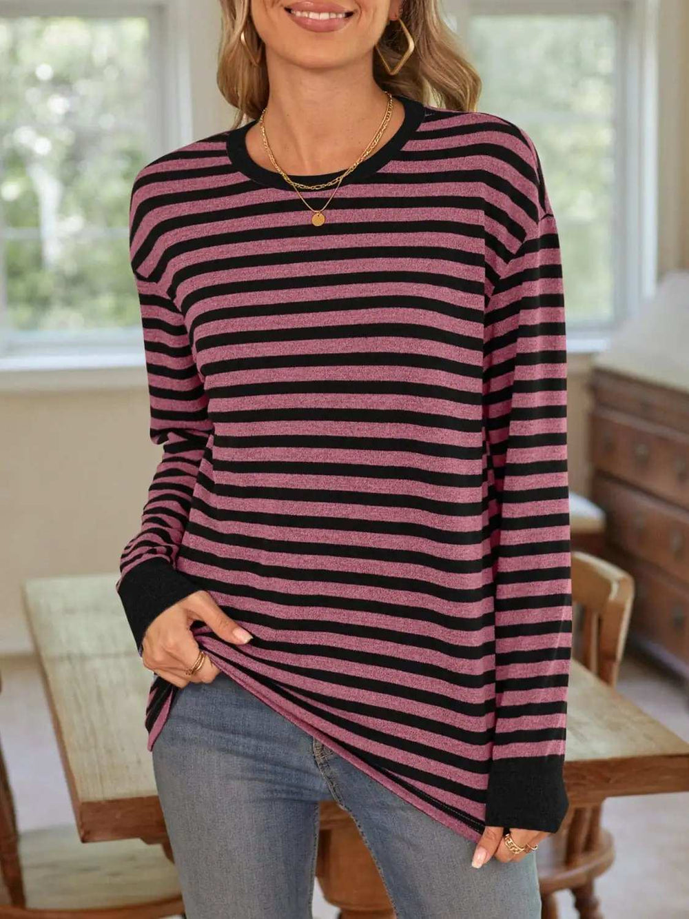 Striped Round Neck Long Sleeve T-Shirt - Trendsi - Flyclothing LLC