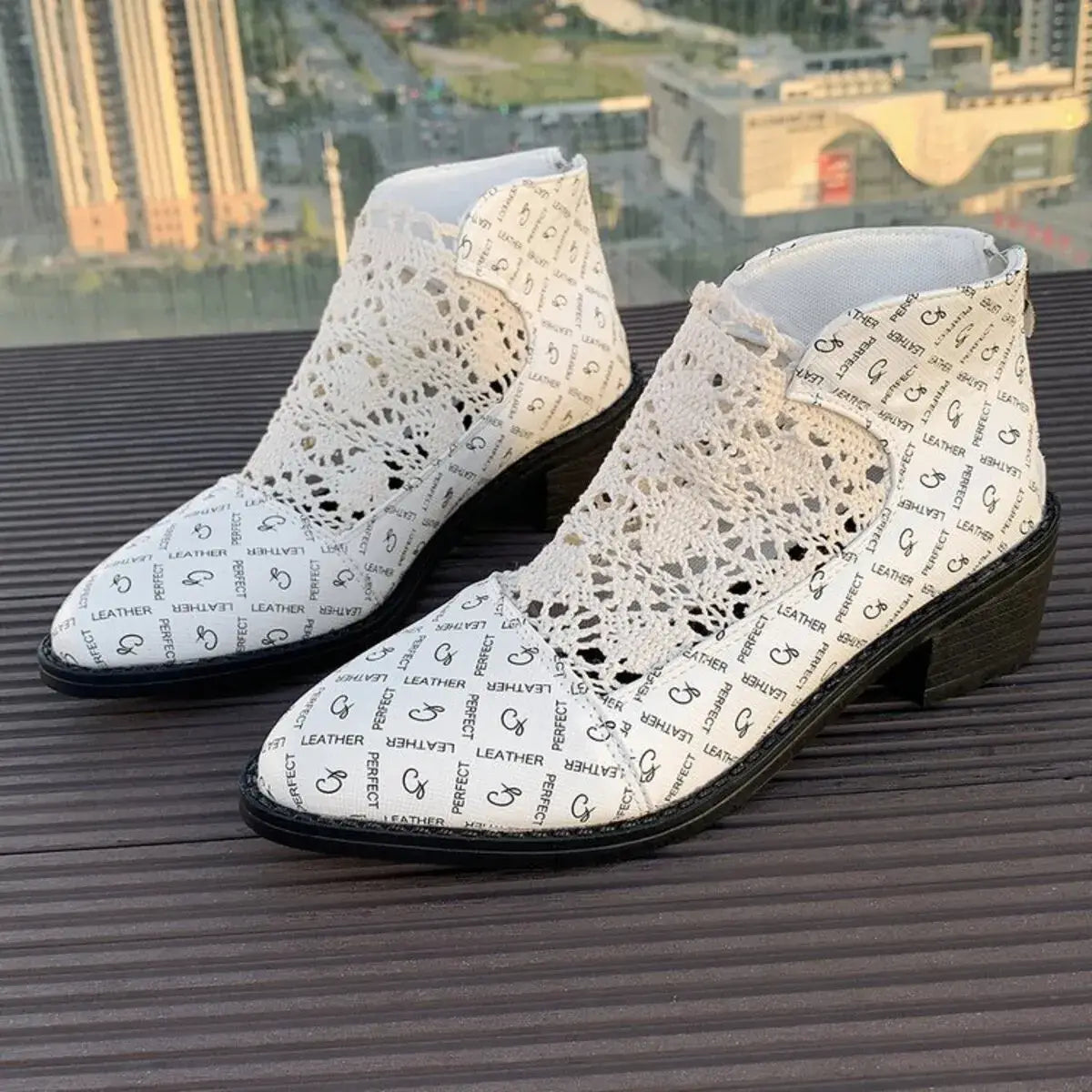 Printed Point Toe Block Heels Boots - Trendsi - Flyclothing LLC