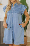 Smocked Collared Neck Cap Sleeve Denim Dress - Trendsi - Flyclothing LLC
