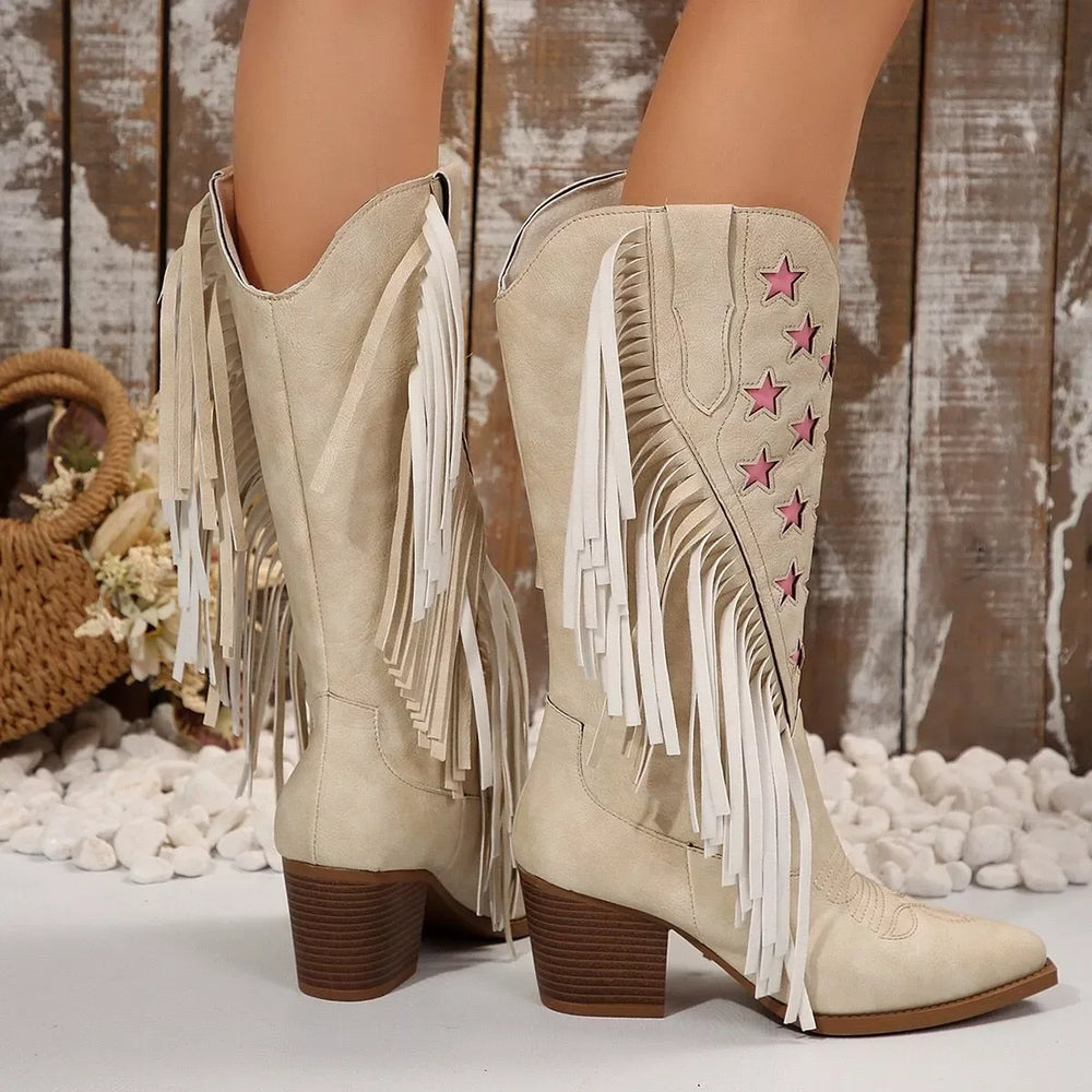 Star Fringe Block Heel Boots - Trendsi - Flyclothing LLC