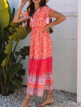 Floral Print Tasseled Tied Sleeve Empire Waist Dress - Trendsi - Flyclothing LLC
