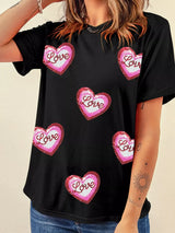 Sequin Love Heart Patched Crew Neck Casual Tee - Trendsi - Flyclothing LLC