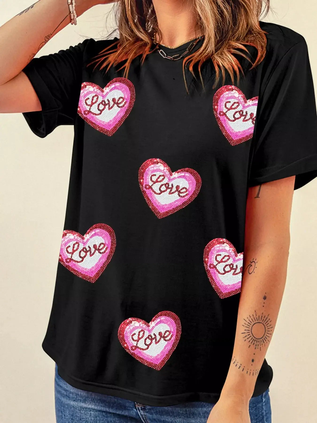 Sequin Love Heart Patched Crew Neck Casual Tee - Trendsi - Flyclothing LLC