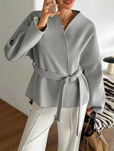 Surplice Dropped Shoulder Tie Belt Outerwear - Trendsi - Flyclothing LLC