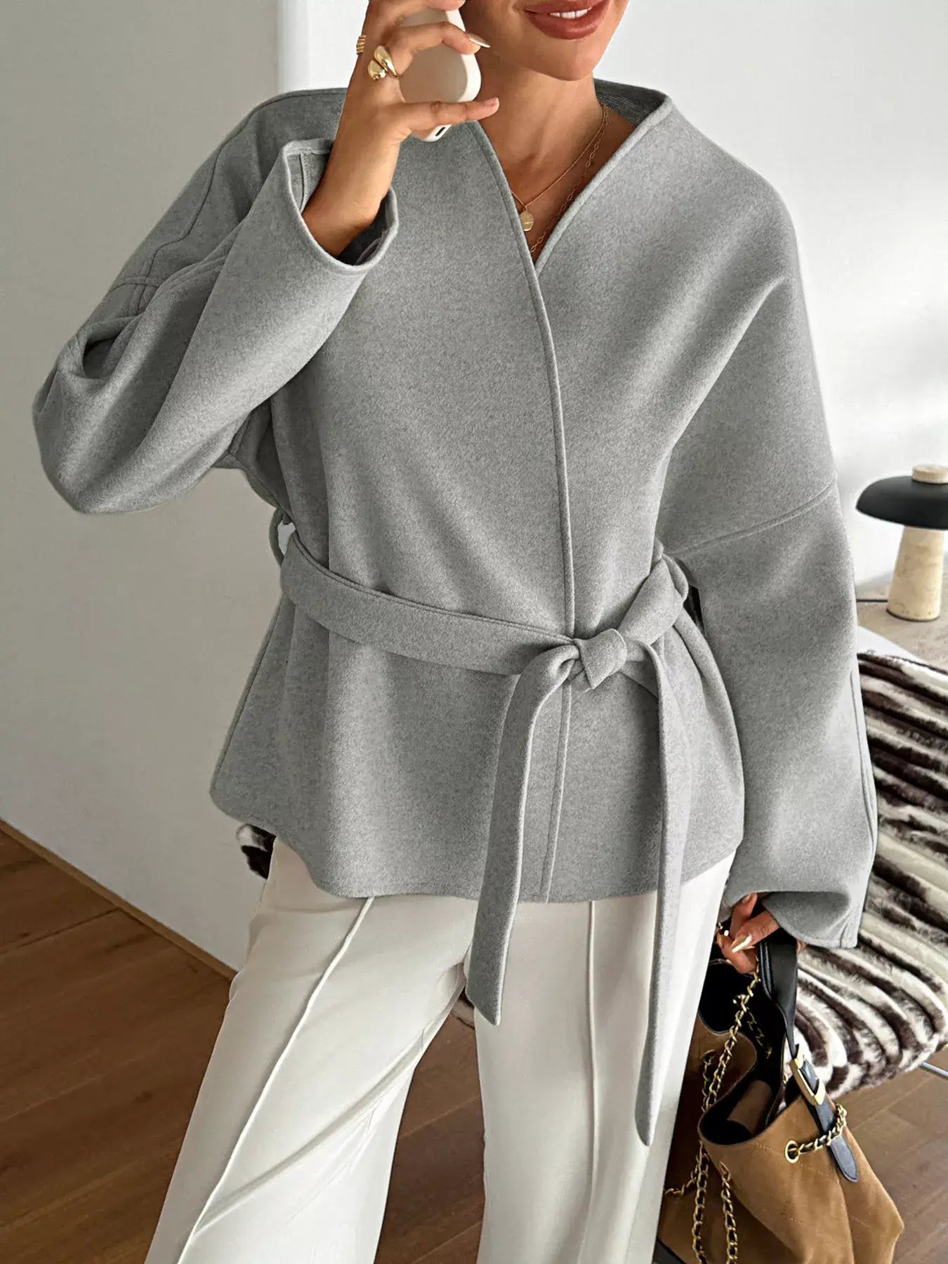 Surplice Dropped Shoulder Tie Belt Outerwear - Trendsi - Flyclothing LLC
