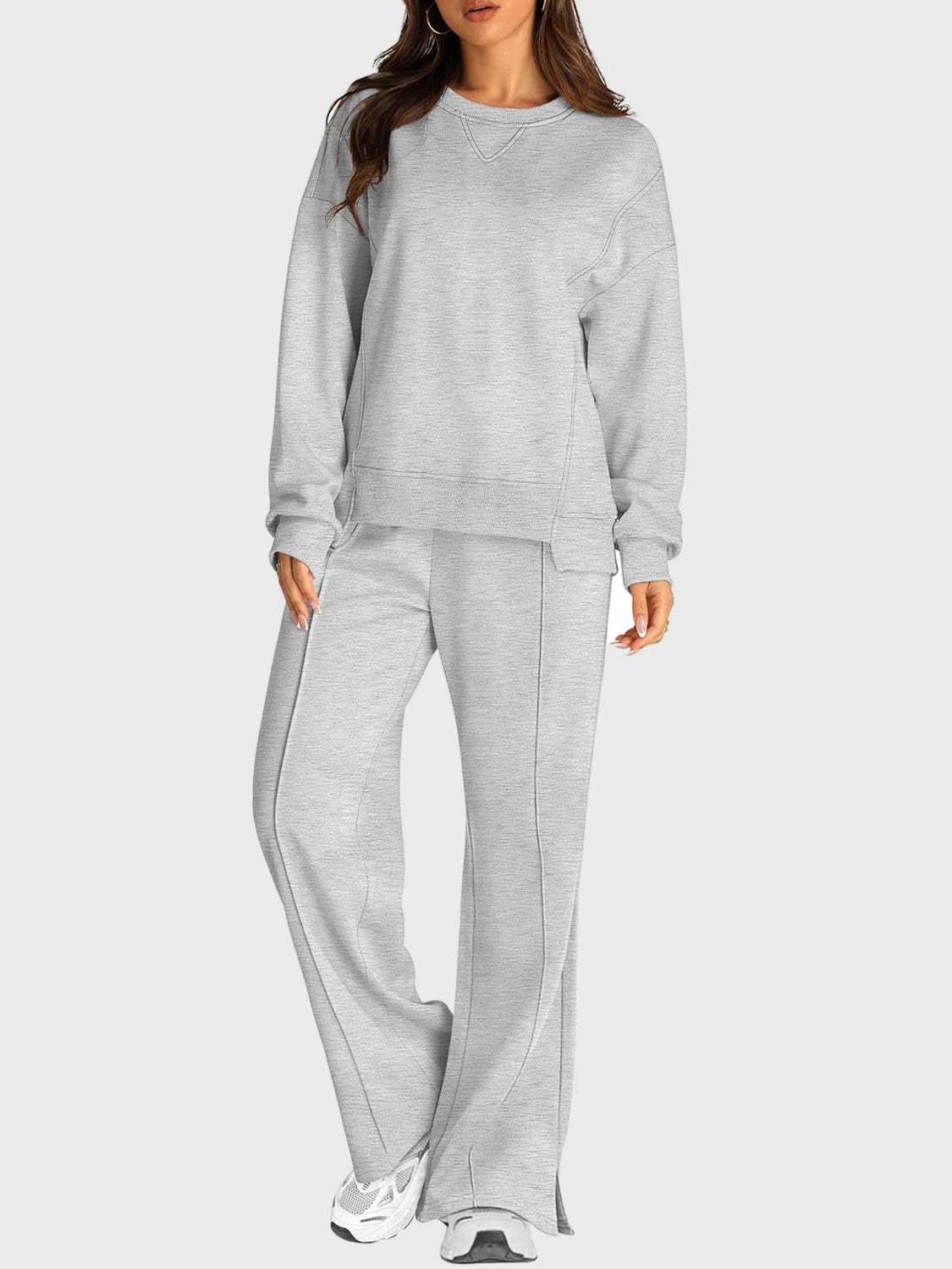 Round Neck Long Sleeve Top and Slit Pants Set - Trendsi - Flyclothing LLC