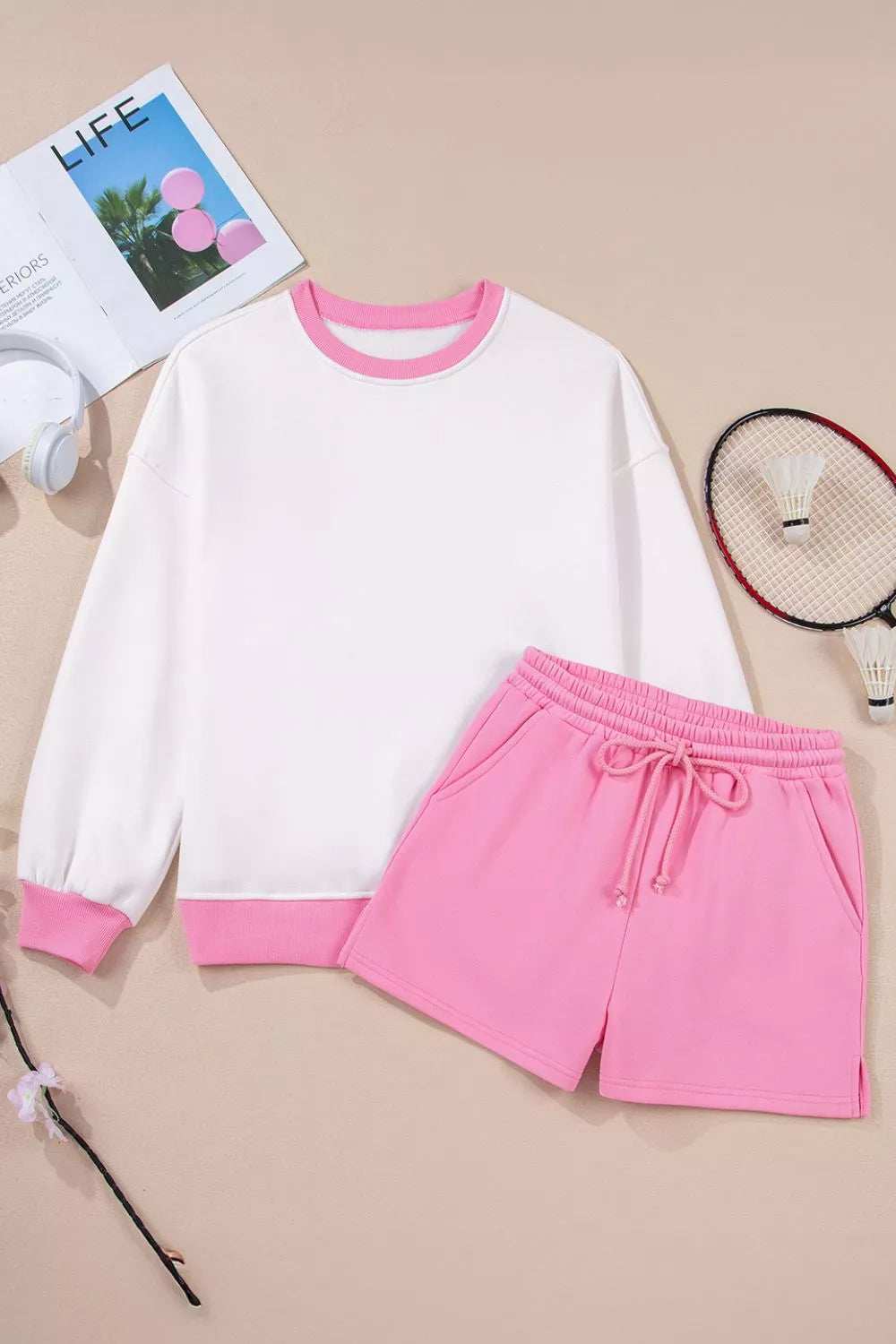 Color Block Sweatshirt and Elastic Waist Shorts Set - Trendsi - Flyclothing LLC