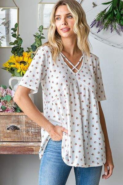 Heimish Full Size Crisscross Ditsy Floral Babydoll Top Plus Size - Trendsi - Flyclothing LLC