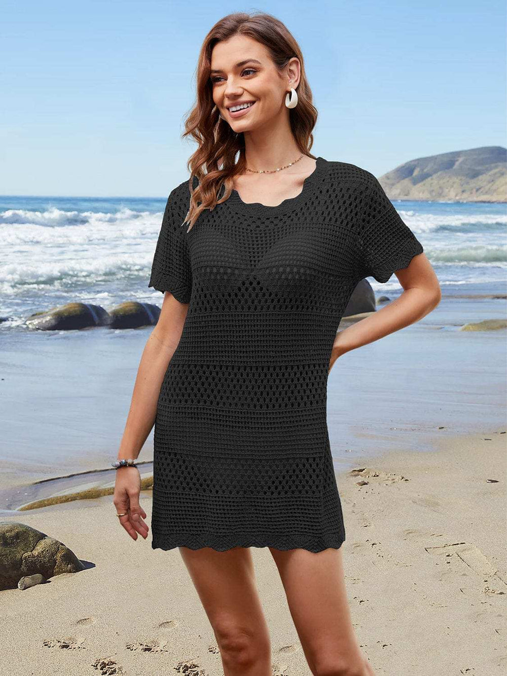 Openwork Round Neck Short Sleeve Cover-UP - Trendsi - Flyclothing LLC