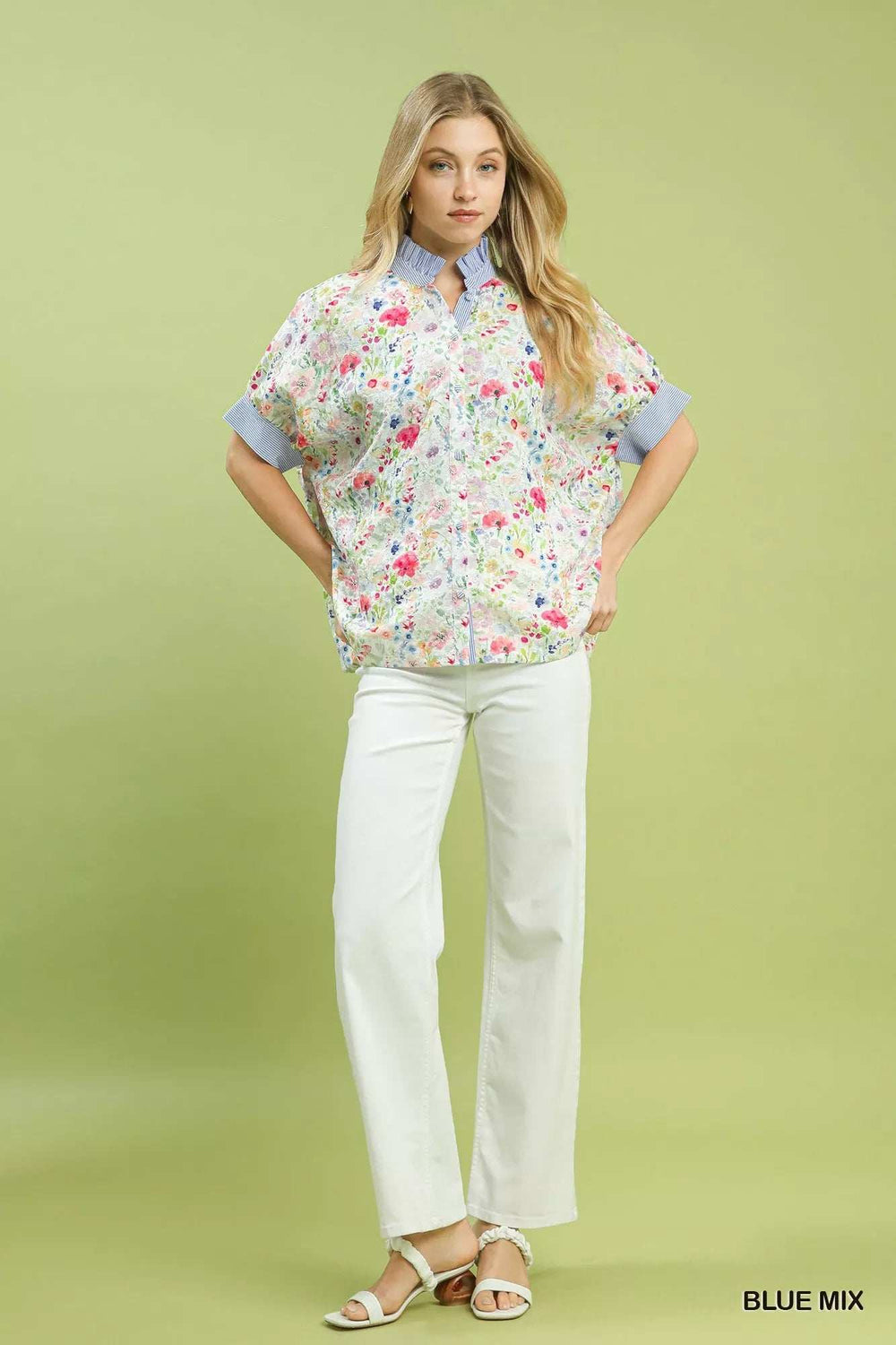 Umgee Jacquard Floral Print Button-Down Shirt - Trendsi - Flyclothing LLC