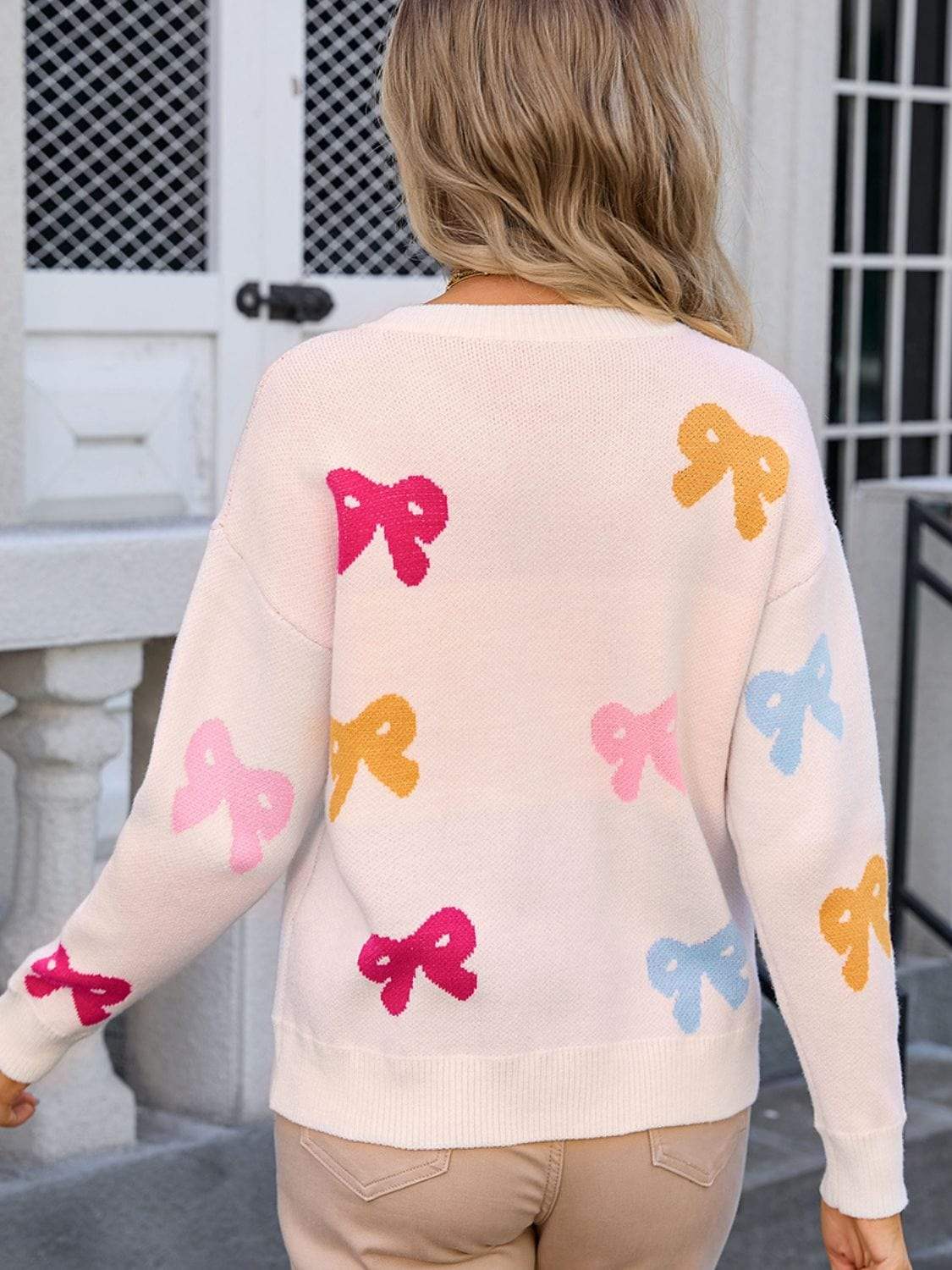 Bow Graphic Round Neck Long Sleeve Sweater - Trendsi - Flyclothing LLC