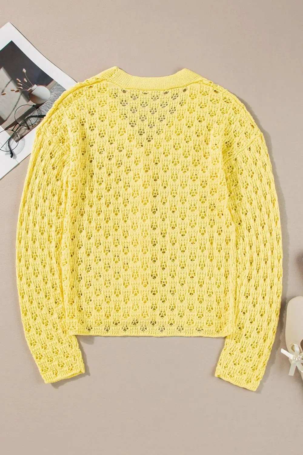 Openwork V-Neck Long Sleeve Cardigan - Trendsi - Flyclothing LLC