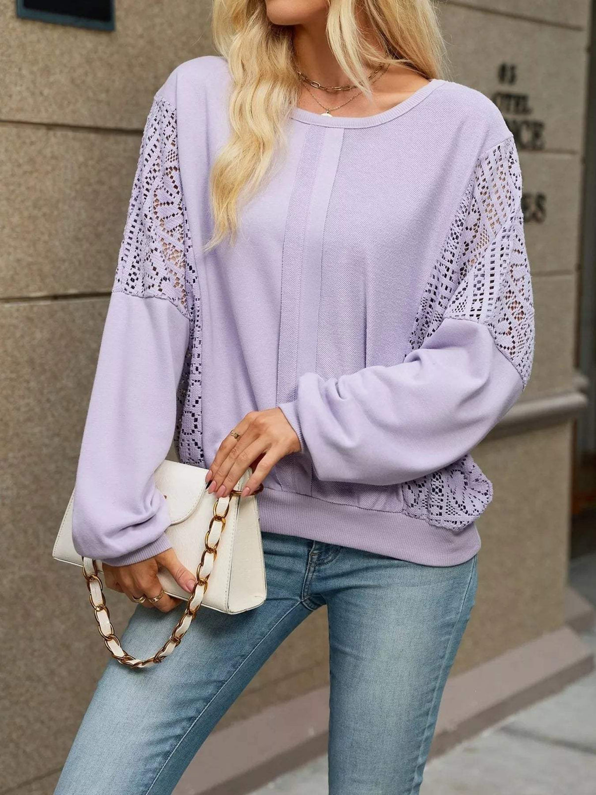 Lace Sleeve Crew Neck Sweatshirt - Trendsi - Flyclothing LLC