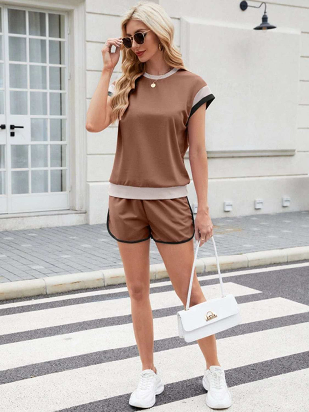 Contrast Round Neck Top and Shorts Set - Trendsi - Flyclothing LLC