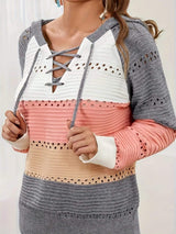Lace-Up Contrast Long Sleeve Hooded Sweater - Trendsi - Flyclothing LLC