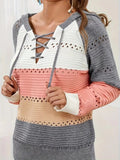 Lace-Up Contrast Long Sleeve Hooded Sweater - Trendsi