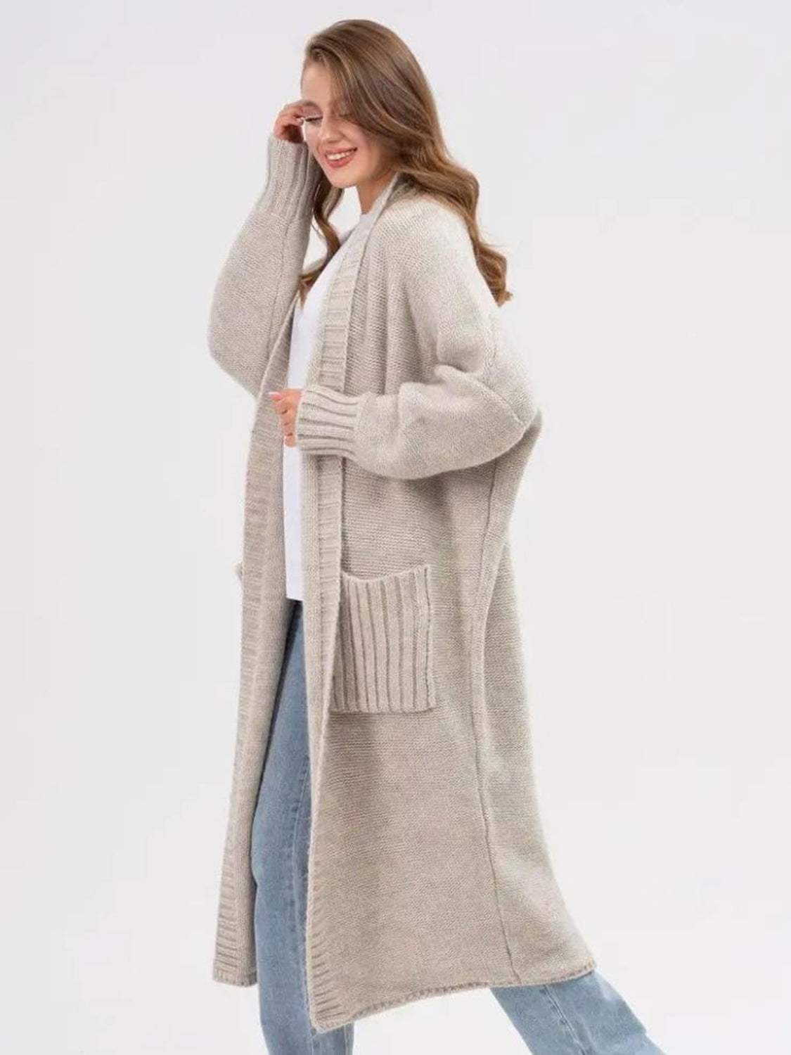 Pocketed Open Front Long Sleeve Longline Cardigan - Trendsi - Flyclothing LLC