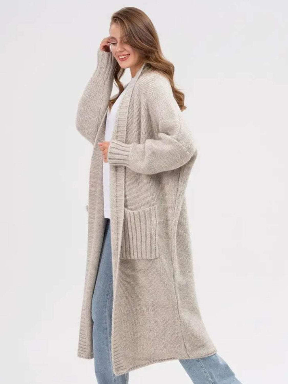 Pocketed Open Front Long Sleeve Longline Cardigan - Trendsi - Flyclothing LLC